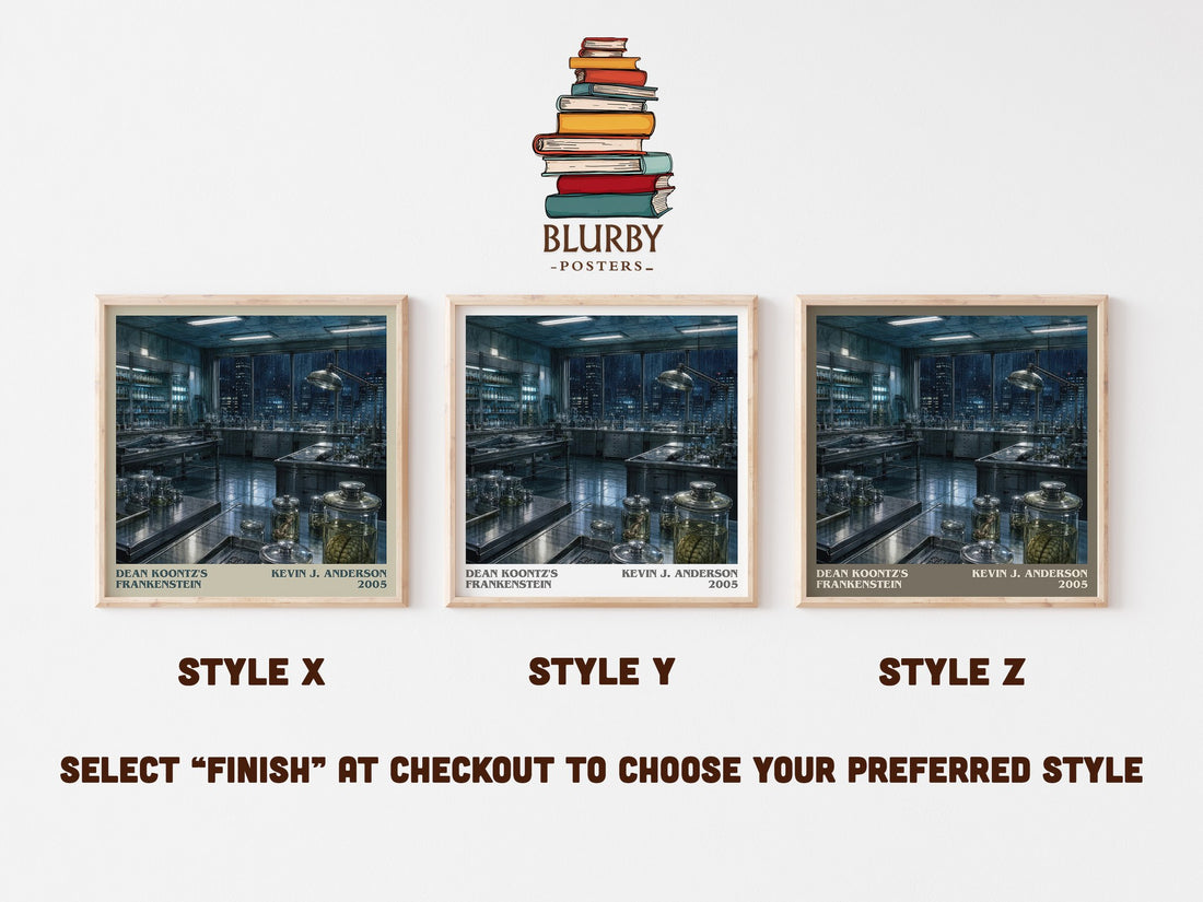 Dean Koontz's Frankenstein literary print in frame leaning in hallway – horror wall art (mockup)