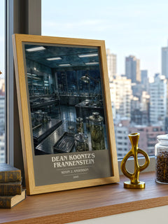Dean Koontz's Frankenstein book cover print framed by window – literary home decor