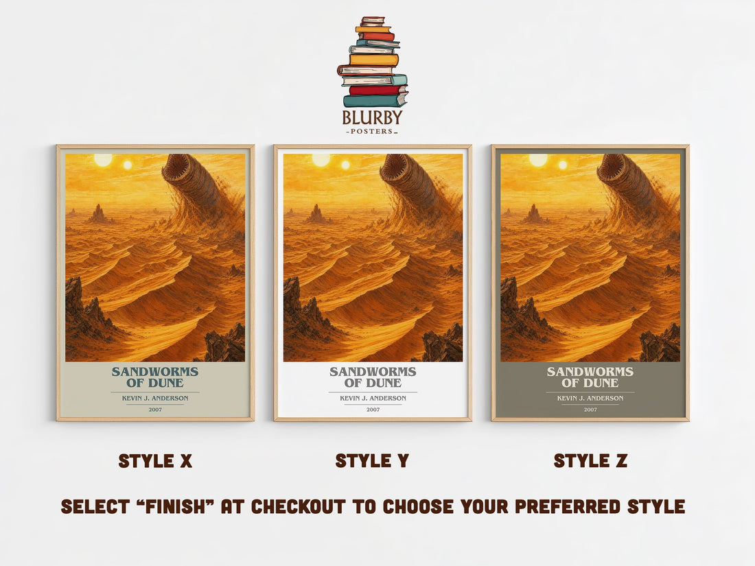 Sandworms of Dune book cover print in frame leaning in hallway – sci fi wall art (mockup)