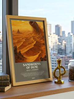 Sandworms of Dune Bookish Wall Art by Kevin J. Anderson – framed print on a city-view windowsill