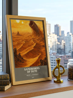 Sandworms of Dune book cover print framed by window – literary home decor