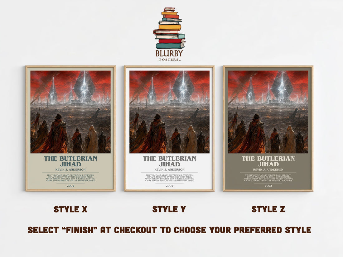The Butlerian Jihad bookish print in frame leaning in hallway – sci fi wall art (mockup)