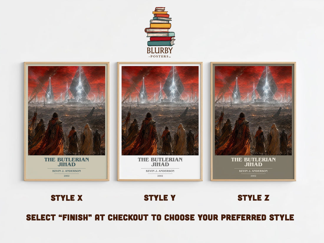 The Butlerian Jihad book cover print in frame leaning in hallway – sci fi wall art (mockup)