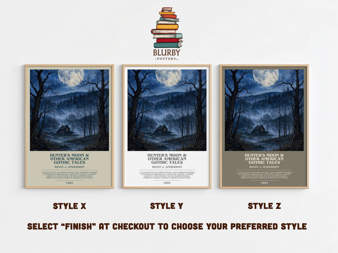 Hunter's Moon & Other American Gothic Tales bookish print in frame leaning in hallway – horror wall art (mockup)