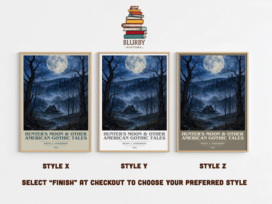 Hunter's Moon & Other American Gothic Tales book cover print in frame leaning in hallway – horror wall art (mockup)