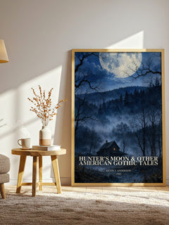Hunter's Moon & Other American Gothic Tales watercolour print in frame leaning in hallway – horror wall art