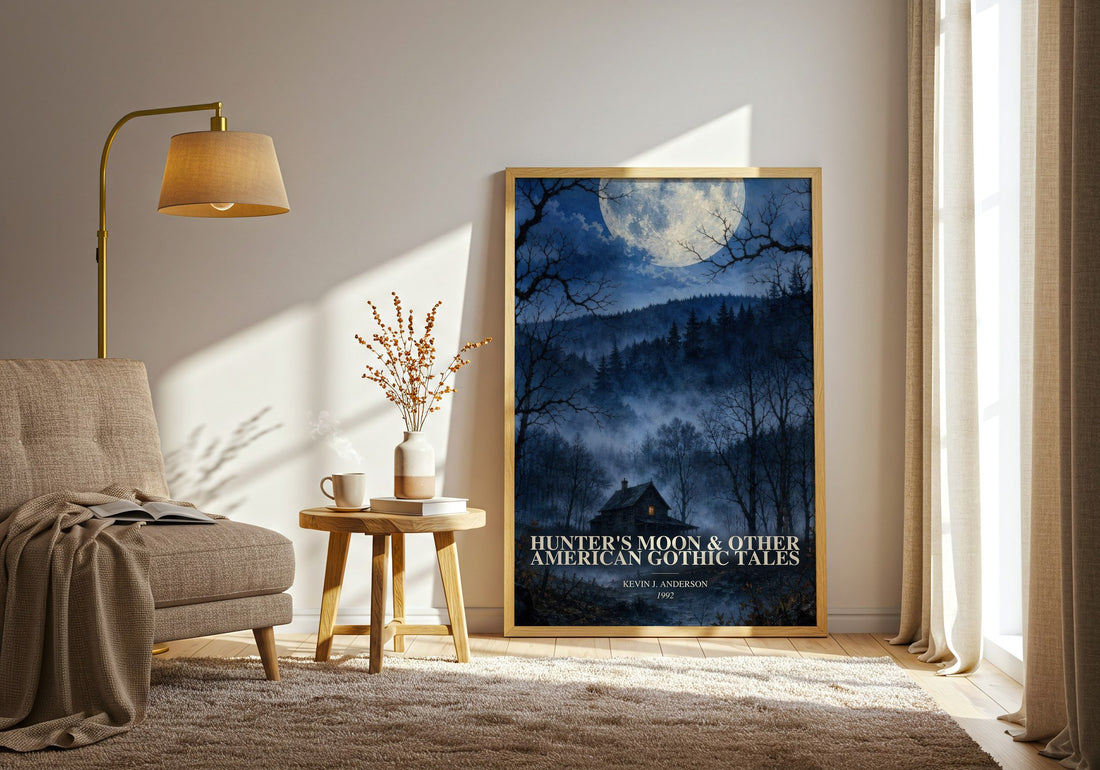 Hunter's Moon & Other American Gothic Tales watercolour print in frame leaning in hallway – horror wall art