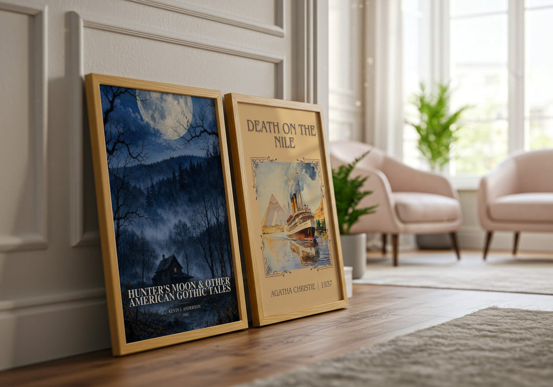 Hunter's Moon & Other American Gothic Tales watercolour print framed by window – literary home decor