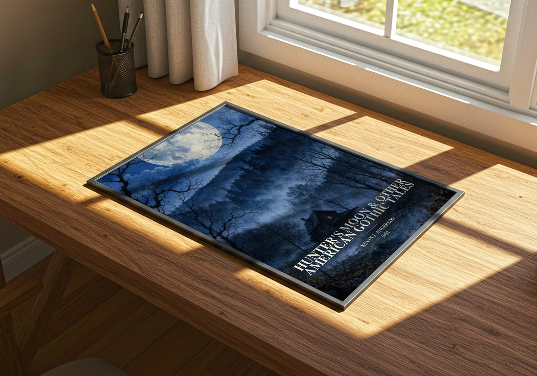 Hunter's Moon & Other American Gothic Tales watercolour book poster framed on wall – horror wall art