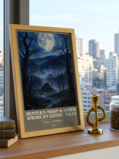 Hunter's Moon & Other American Gothic Tales book cover print framed by window – literary home decor