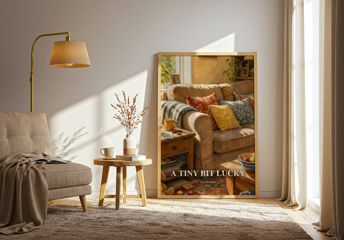 A Tiny Bit Lucky watercolour print in frame leaning in hallway – childrens wall art