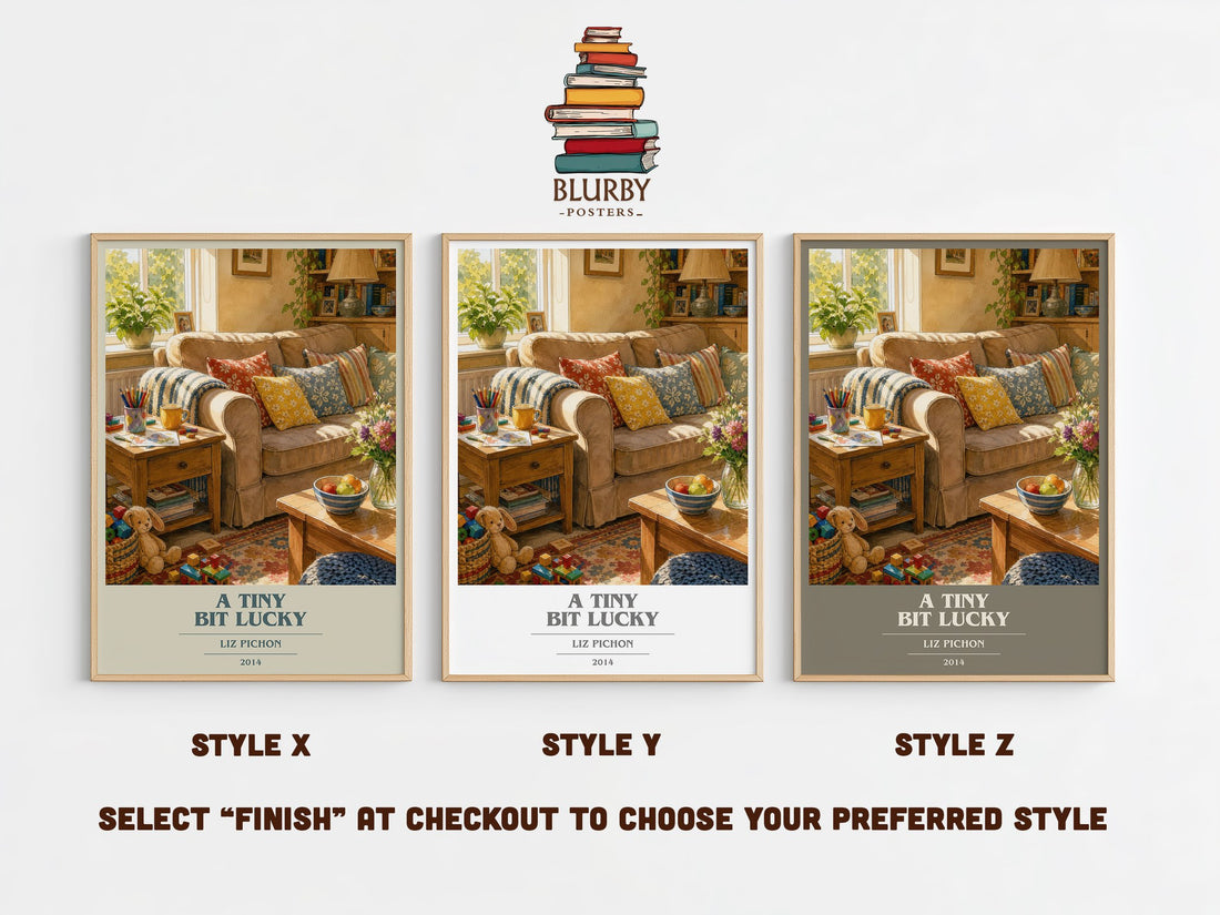 A Tiny Bit Lucky book cover print in frame leaning in hallway – childrens wall art (mockup)