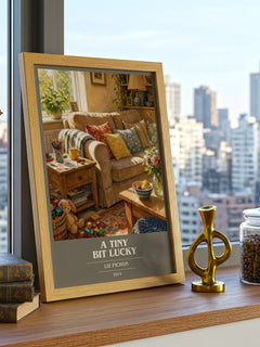 A Tiny Bit Lucky book cover print framed by window – literary home decor