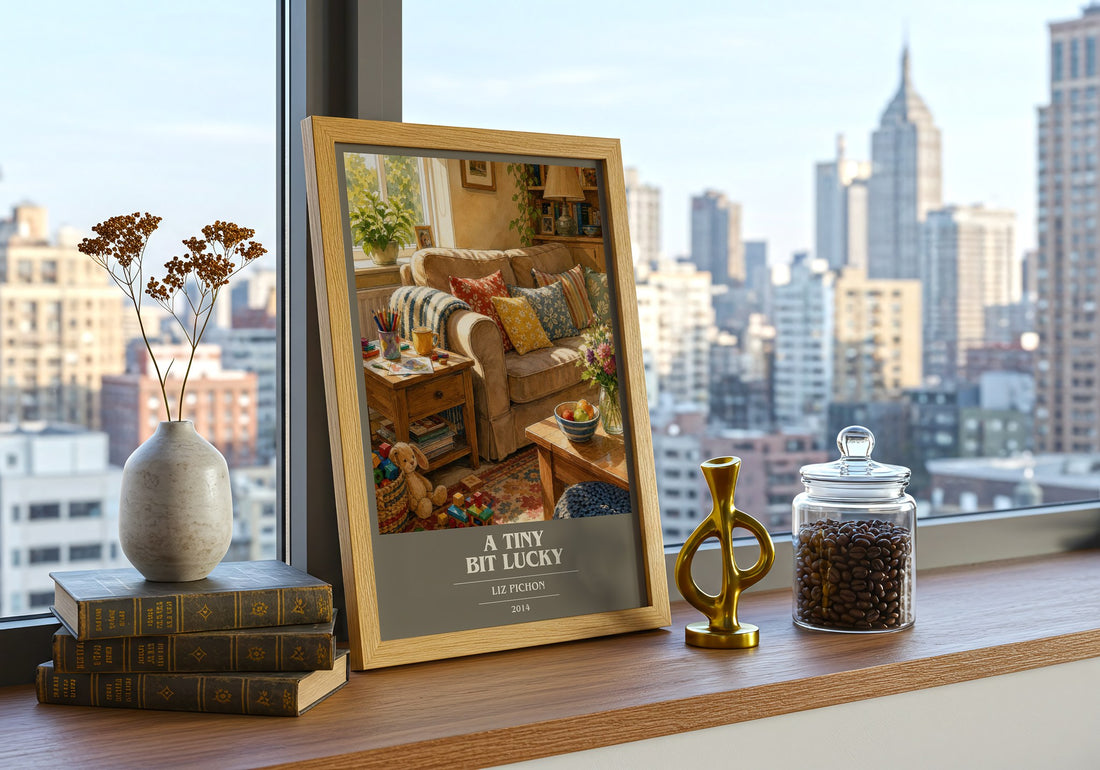 A Tiny Bit Lucky book cover print framed by window – literary home decor