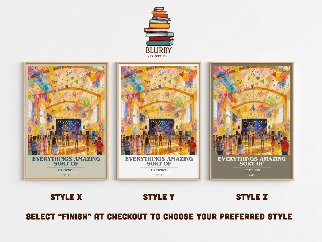 Everythings Amazing Sort Of book cover print in frame leaning in hallway – childrens wall art (mockup)