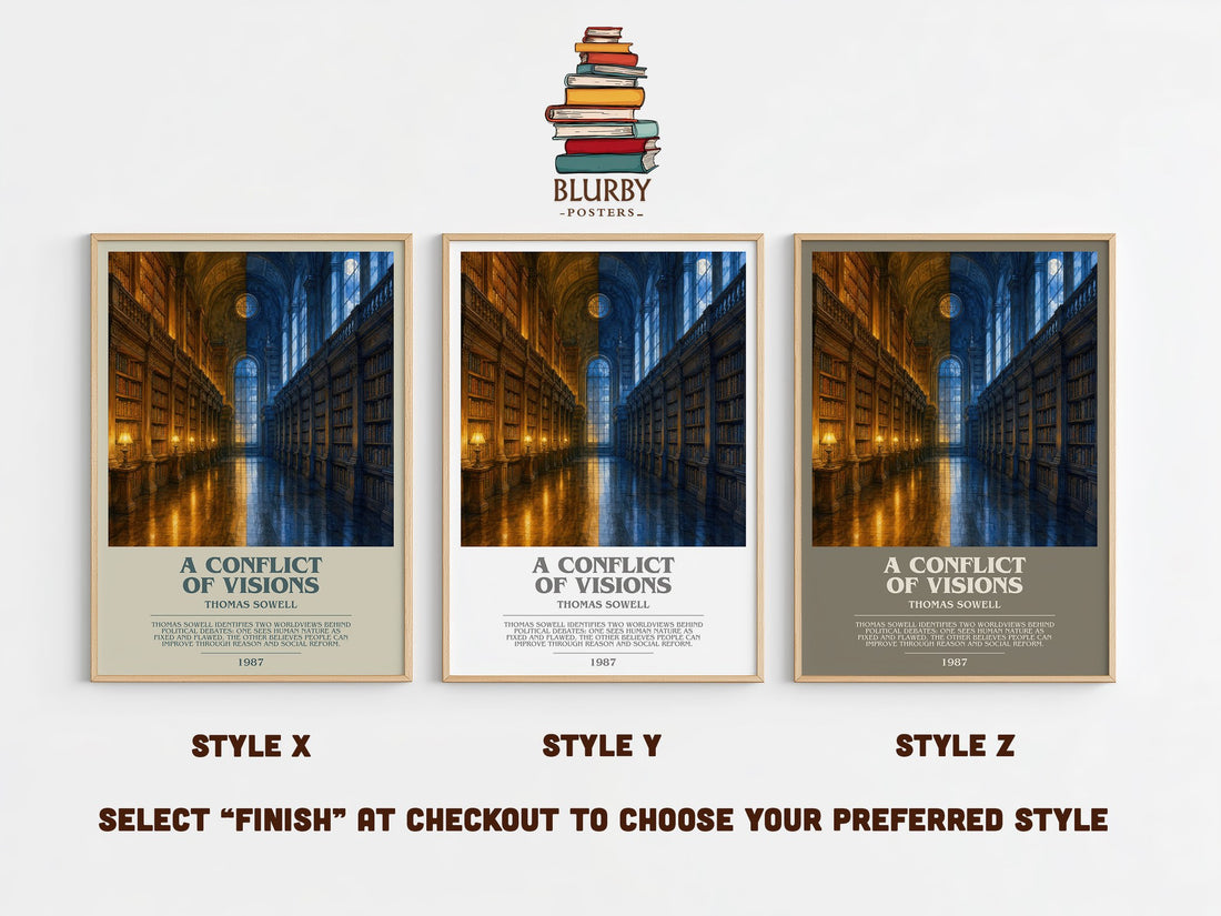 A conflict of visions bookish print in frame leaning in hallway – philosophy wall art (mockup)