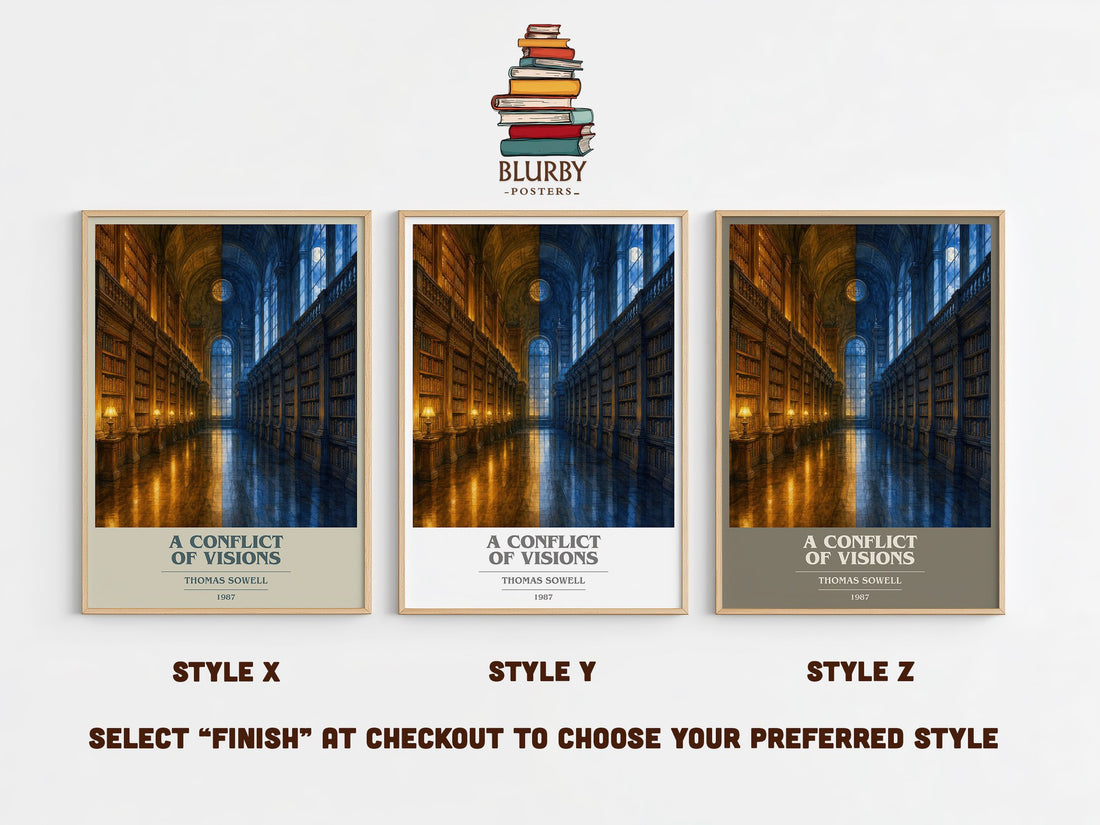 A conflict of visions book cover print in frame leaning in hallway – philosophy wall art (mockup)