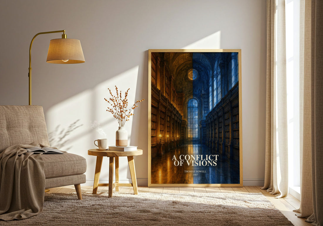 A conflict of visions watercolour print in frame leaning in hallway – philosophy wall art
