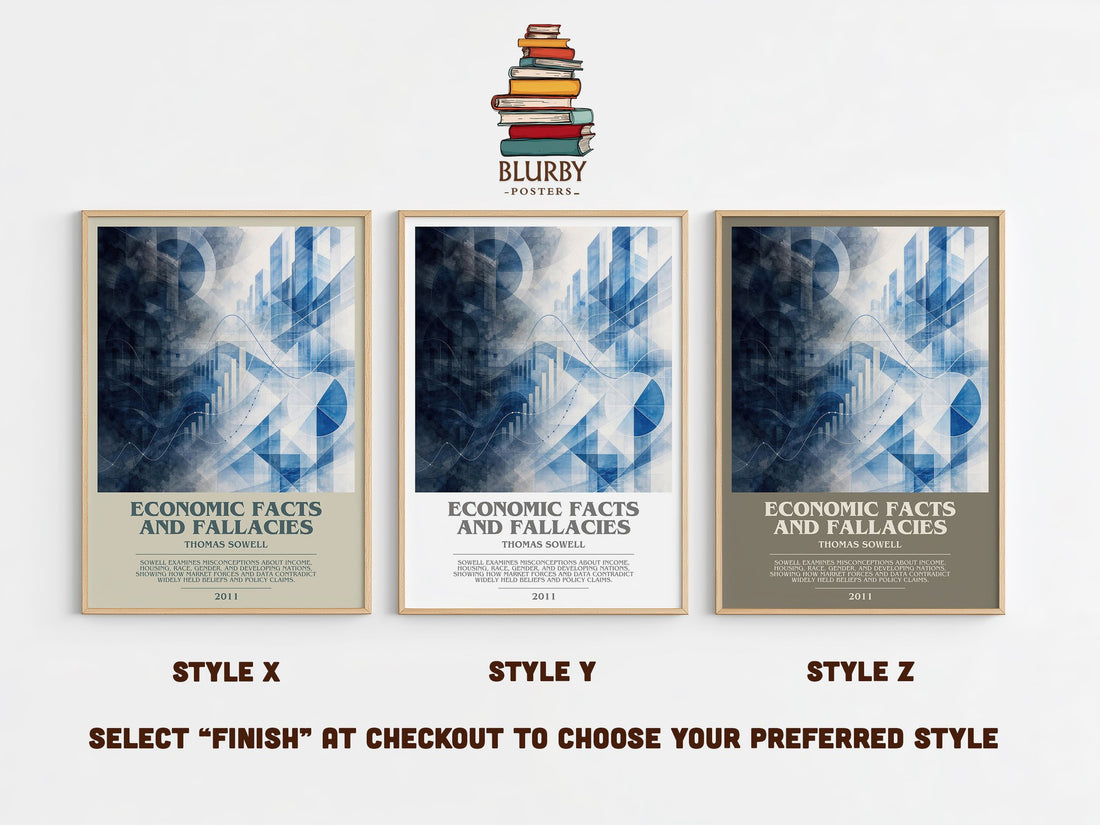 Economic Facts and Fallacies bookish print in frame leaning in hallway – non fiction wall art (mockup)
