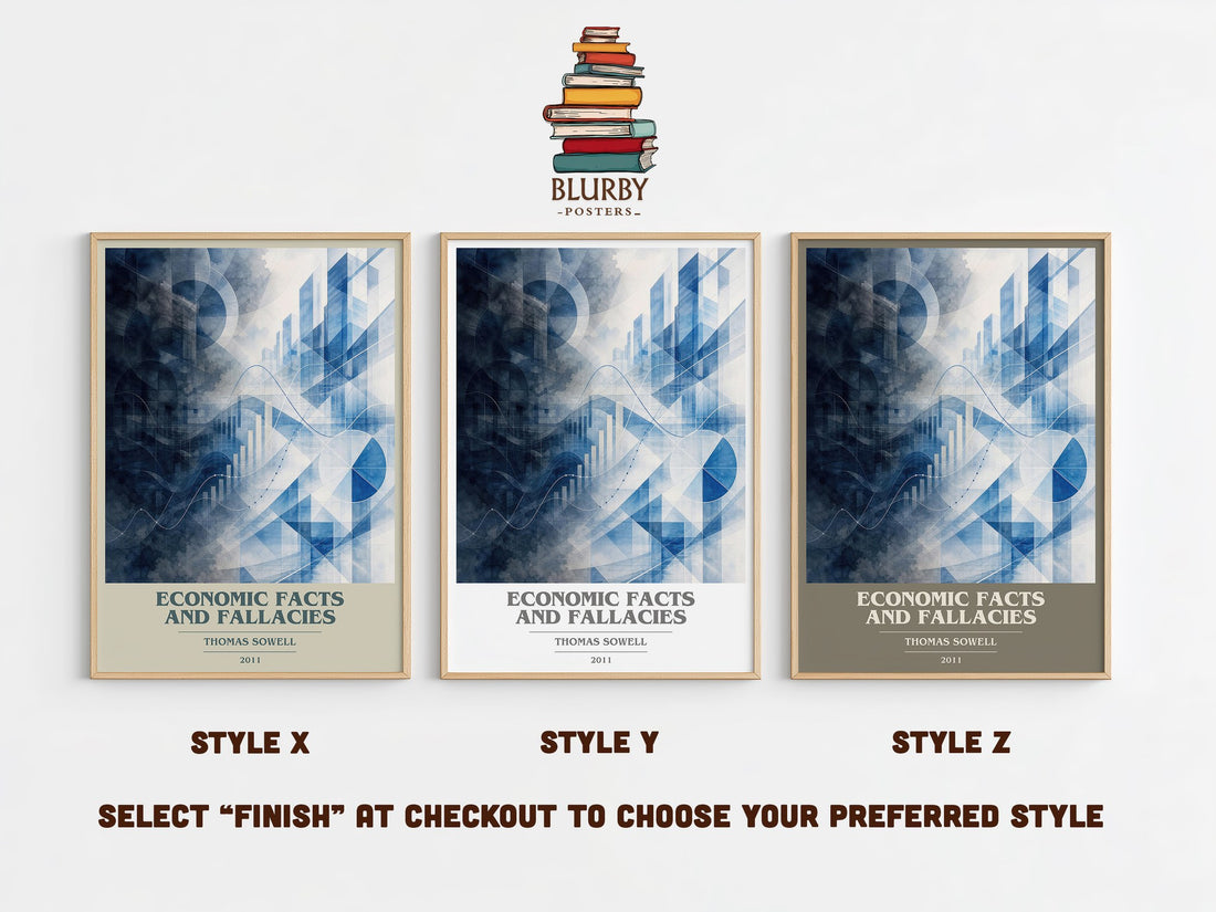Economic Facts and Fallacies book cover print in frame leaning in hallway – non fiction wall art (mockup)