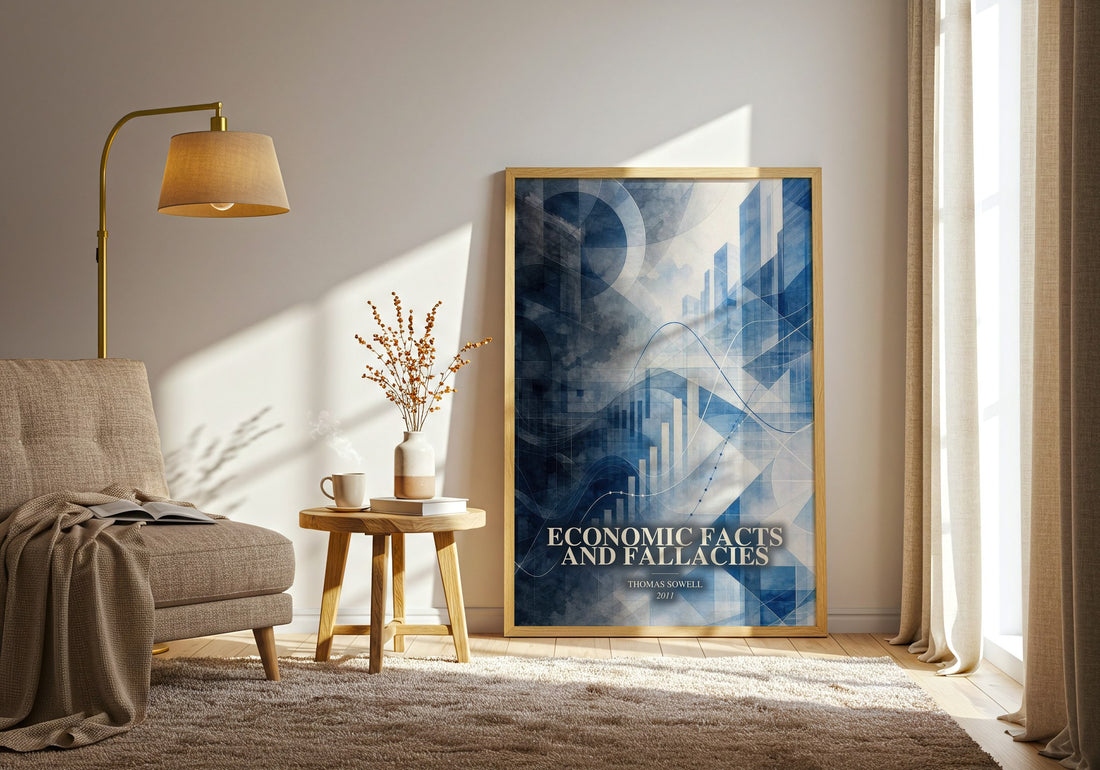 Economic Facts and Fallacies watercolour print in frame leaning in hallway – non fiction wall art