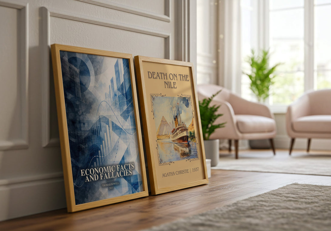 Economic Facts and Fallacies watercolour print framed by window – literary home decor