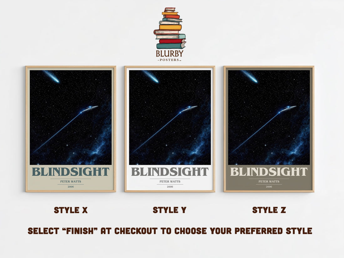 Blindsight book cover print in frame leaning in hallway – sci fi wall art (mockup)
