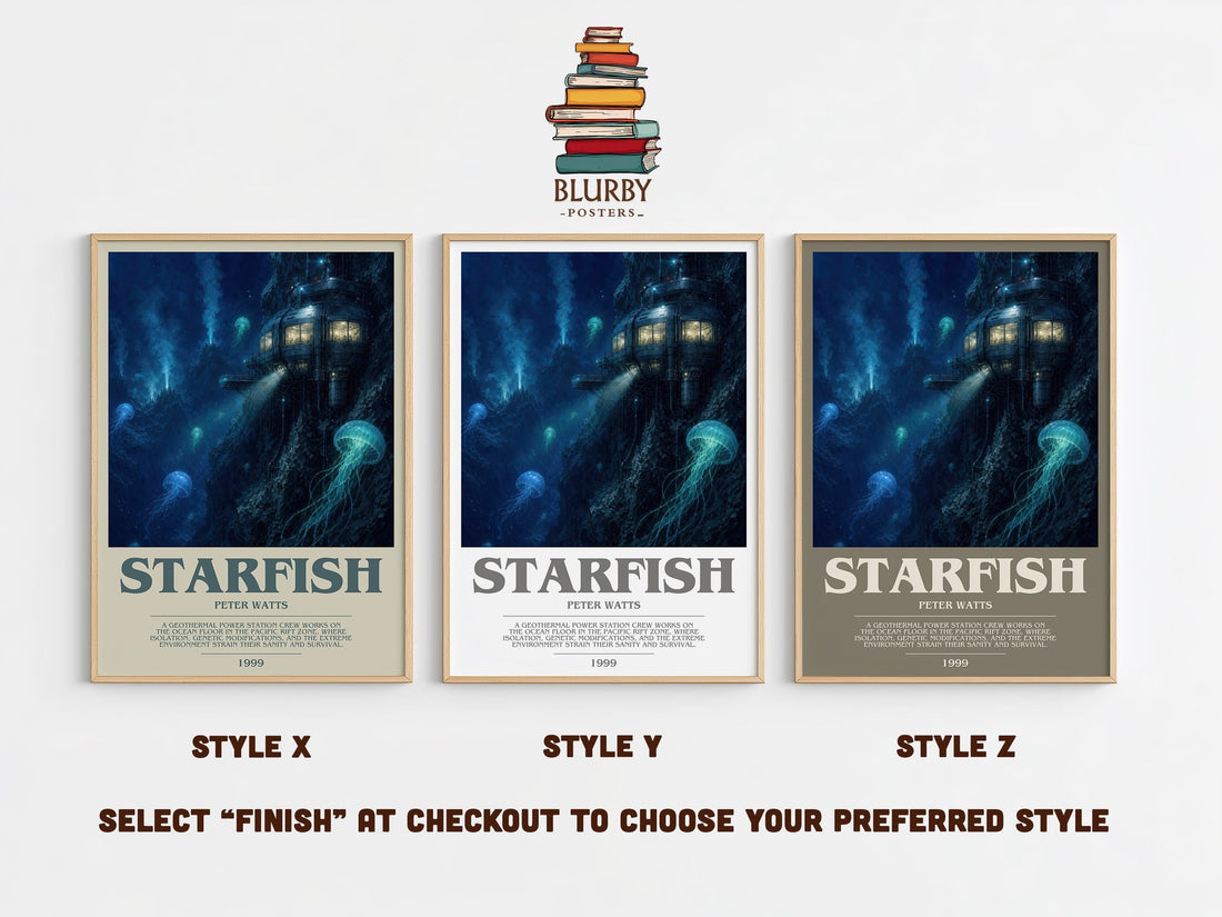 Starfish bookish print in frame leaning in hallway – sci fi wall art (mockup)