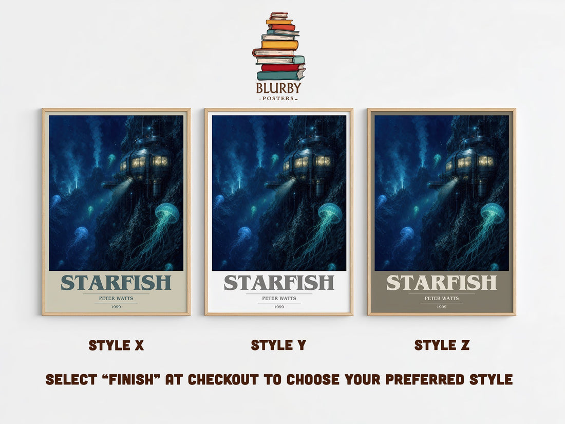 Starfish book cover print in frame leaning in hallway – sci fi wall art (mockup)