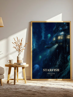 Starfish watercolour print in frame leaning in hallway – sci fi wall art