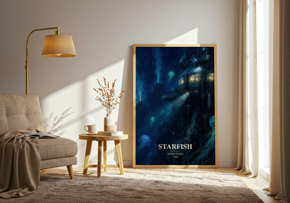 Starfish watercolour print in frame leaning in hallway – sci fi wall art
