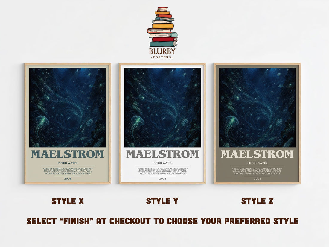 Maelstrom bookish print in frame leaning in hallway – sci fi wall art (mockup)