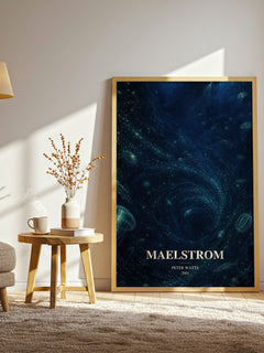 Maelstrom watercolour print in frame leaning in hallway – sci fi wall art
