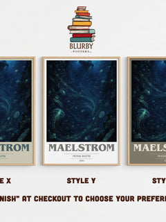 Maelstrom book cover print in frame leaning in hallway – sci fi wall art