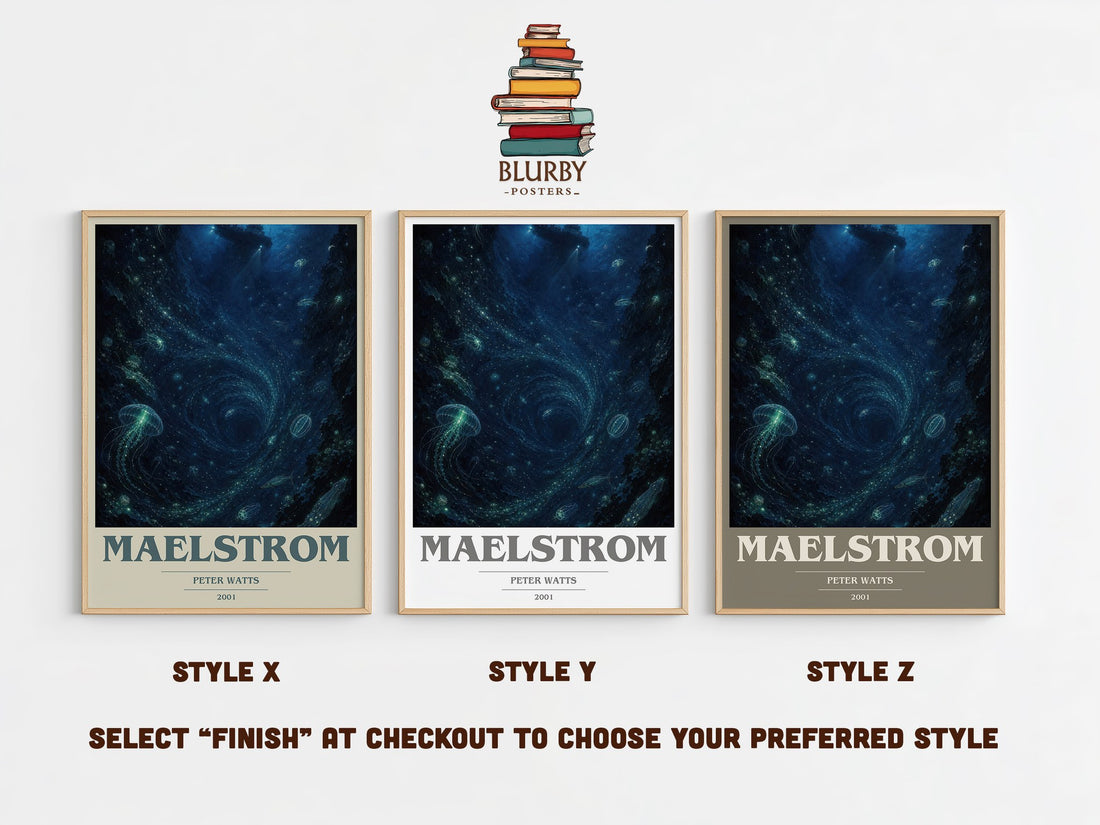 Maelstrom book cover print in frame leaning in hallway – sci fi wall art (mockup)