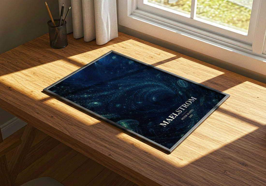 Maelstrom watercolour book poster framed on wall – sci fi wall art