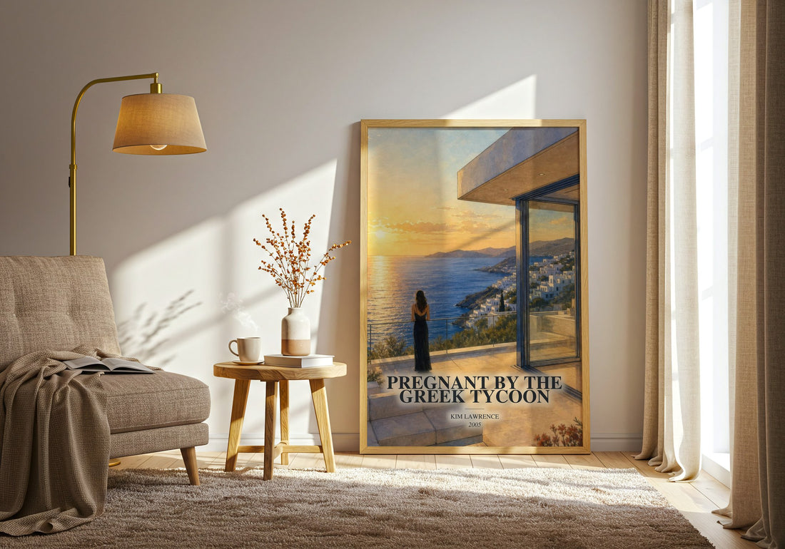 Pregnant By The Greek Tycoon watercolour print in frame leaning in hallway – romance wall art