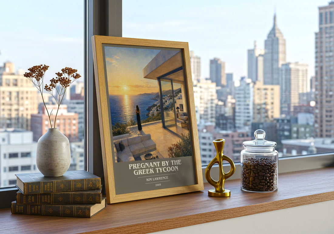 Pregnant By The Greek Tycoon book cover print framed by window – literary home decor