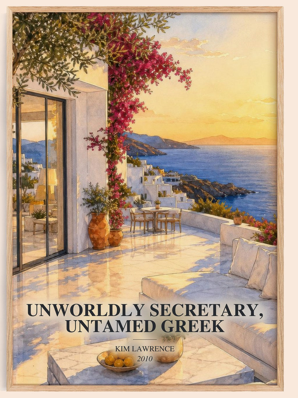 Unworldly Secretary, Untamed Greek watercolour book poster by Kim Lawrence – framed literary art print