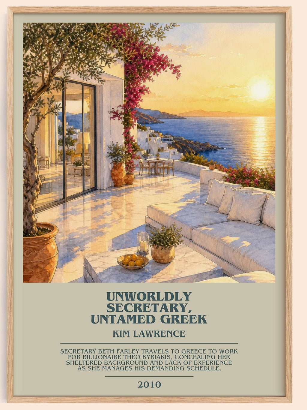 Unworldly Secretary, Untamed Greek bookish book poster by Kim Lawrence – framed literary art print
