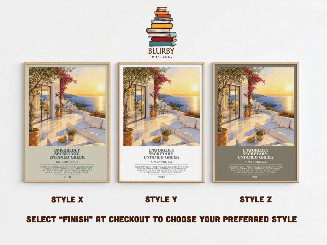 Unworldly Secretary, Untamed Greek bookish print in frame leaning in hallway – romance wall art (mockup)