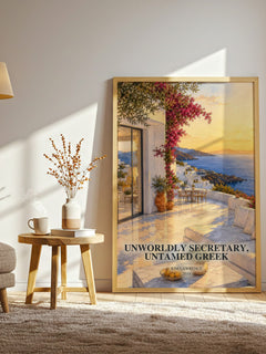 Unworldly Secretary, Untamed Greek watercolour print in frame leaning in hallway – romance wall art