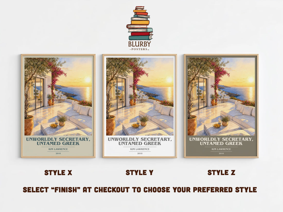 Unworldly Secretary, Untamed Greek book cover print in frame leaning in hallway – romance wall art (mockup)