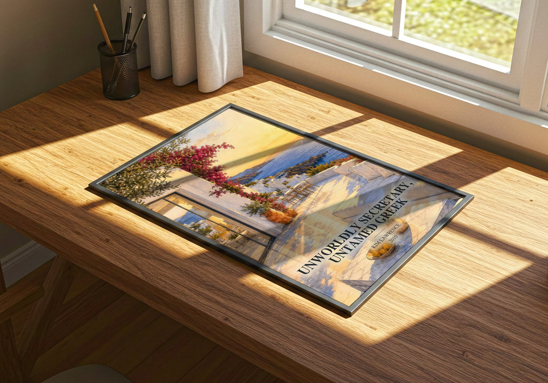 Unworldly Secretary, Untamed Greek watercolour book poster framed on wall – romance wall art