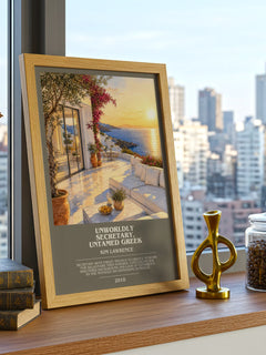 Unworldly Secretary, Untamed Greek bookish print framed by window – literary home decor