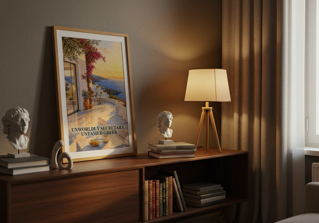 Unworldly Secretary, Untamed Greek watercolour print on bookshelf – Kim Lawrence fan gift