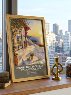 Unworldly Secretary, Untamed Greek book cover print framed by window – literary home decor