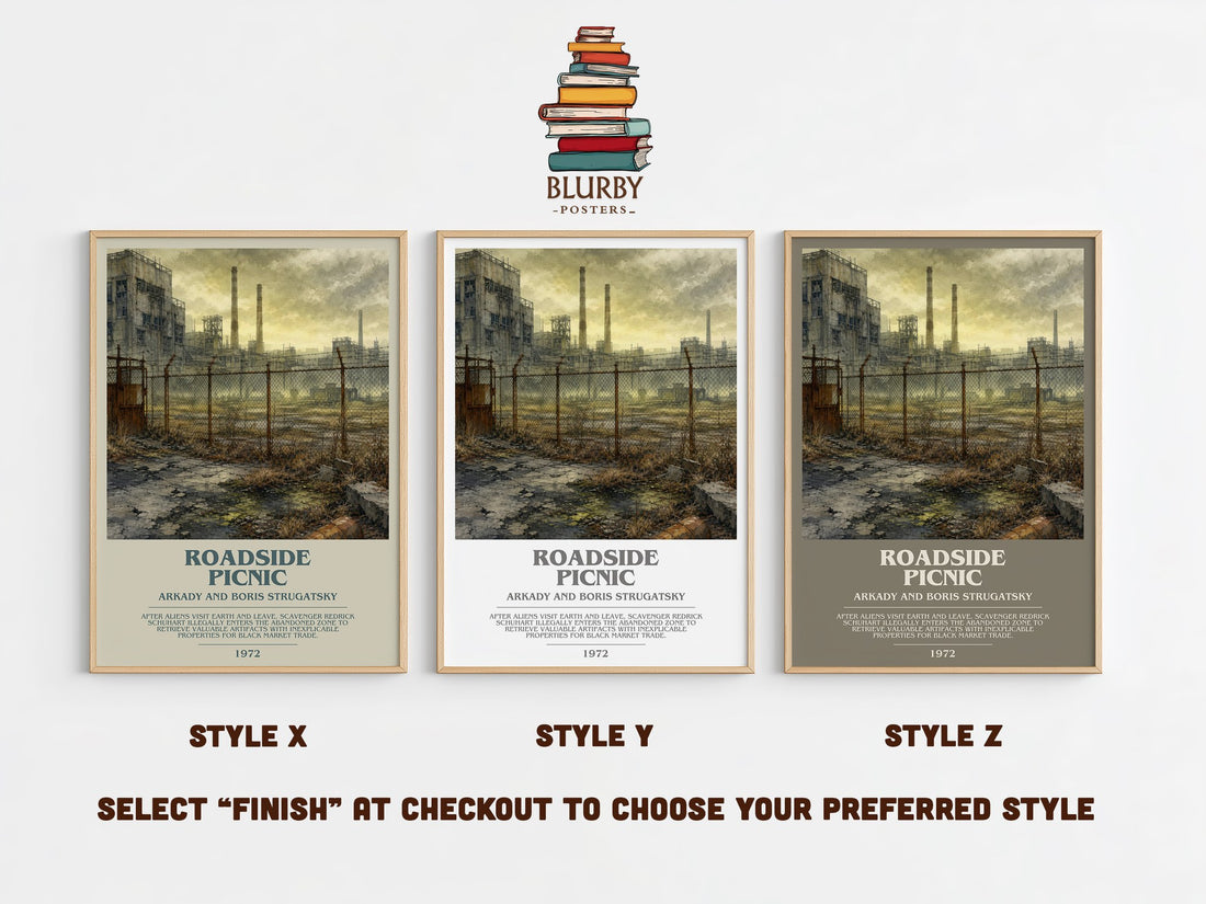 Roadside Picnic bookish print in frame leaning in hallway – sci fi wall art (mockup)