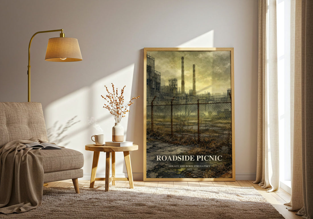 Roadside Picnic watercolour print in frame leaning in hallway – sci fi wall art