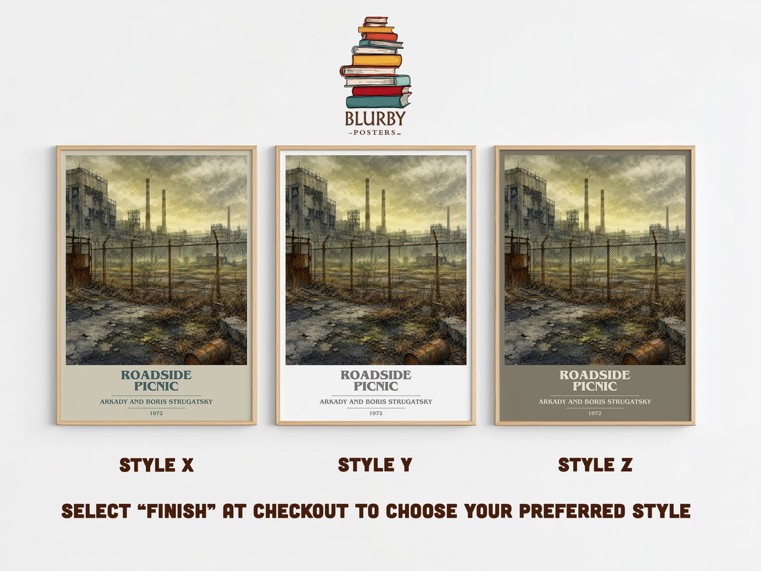 Roadside Picnic book cover print in frame leaning in hallway – sci fi wall art (mockup)